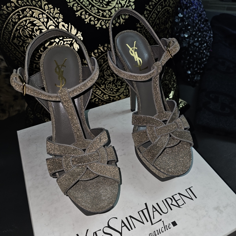 YSL SAINT LAURENT TRIBUTE GLITTER SANDAL 37